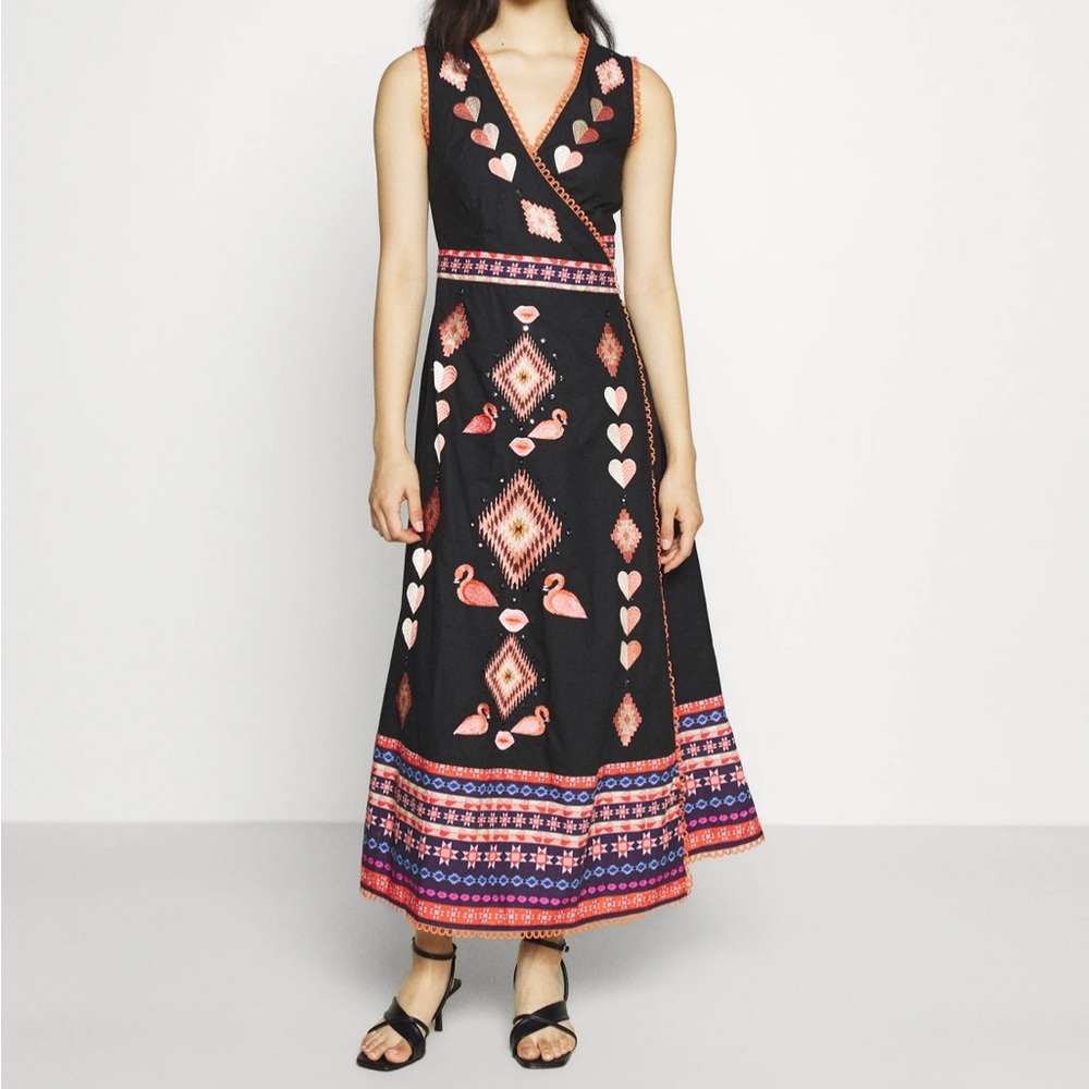 Never Fully Dressed Black Midi Dress with Pink and Coral Folk Embroidery